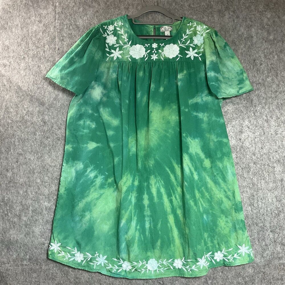 Custom Studio West Dress Womens Plus 1X Green Embroidered Upcycled Hand Dye Boho